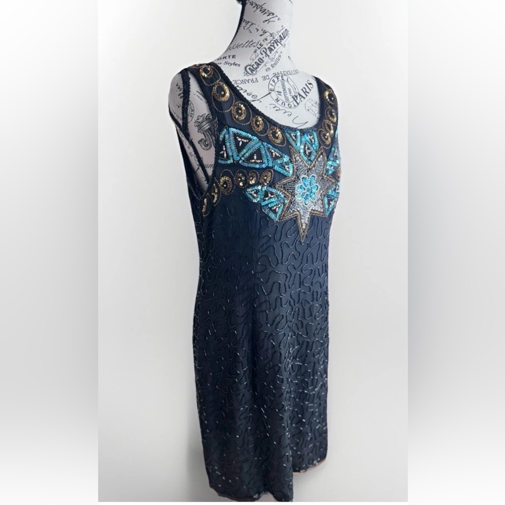 Vintage 80s 90s Scala Black Beaded Gatsby Art Deco Dress Women’s Size PL